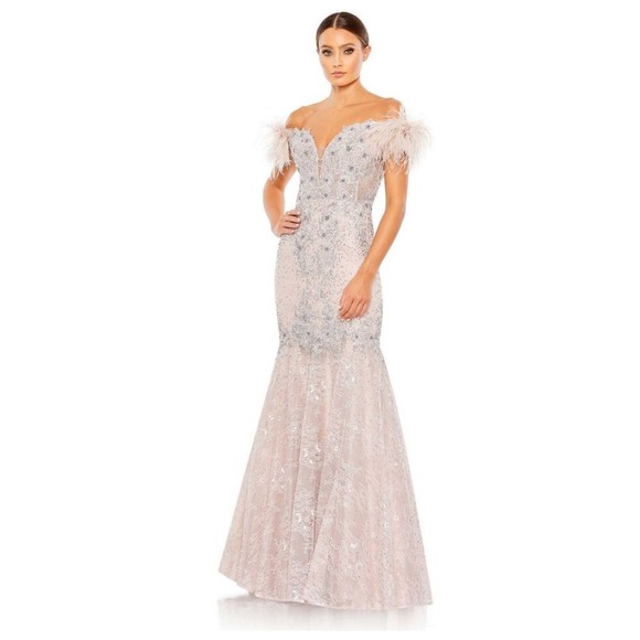 Mac Duggal 20246 Off-The-Shoulder Feather Embellished Mermaid Gown Sz 6‎ $1,198 - Picture 1 of 14